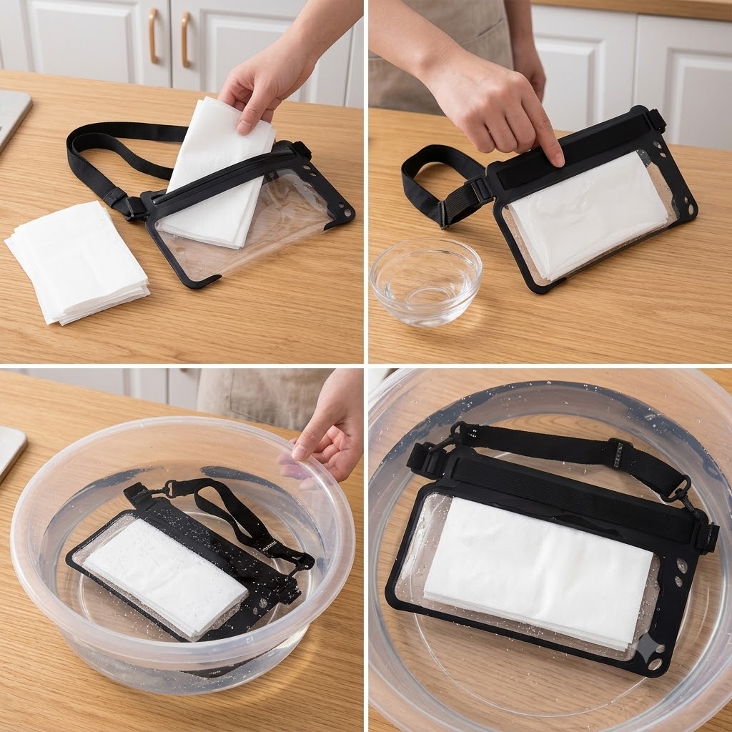 Tissue test for a waterproof phone pouch submerged in clear water to check the seal